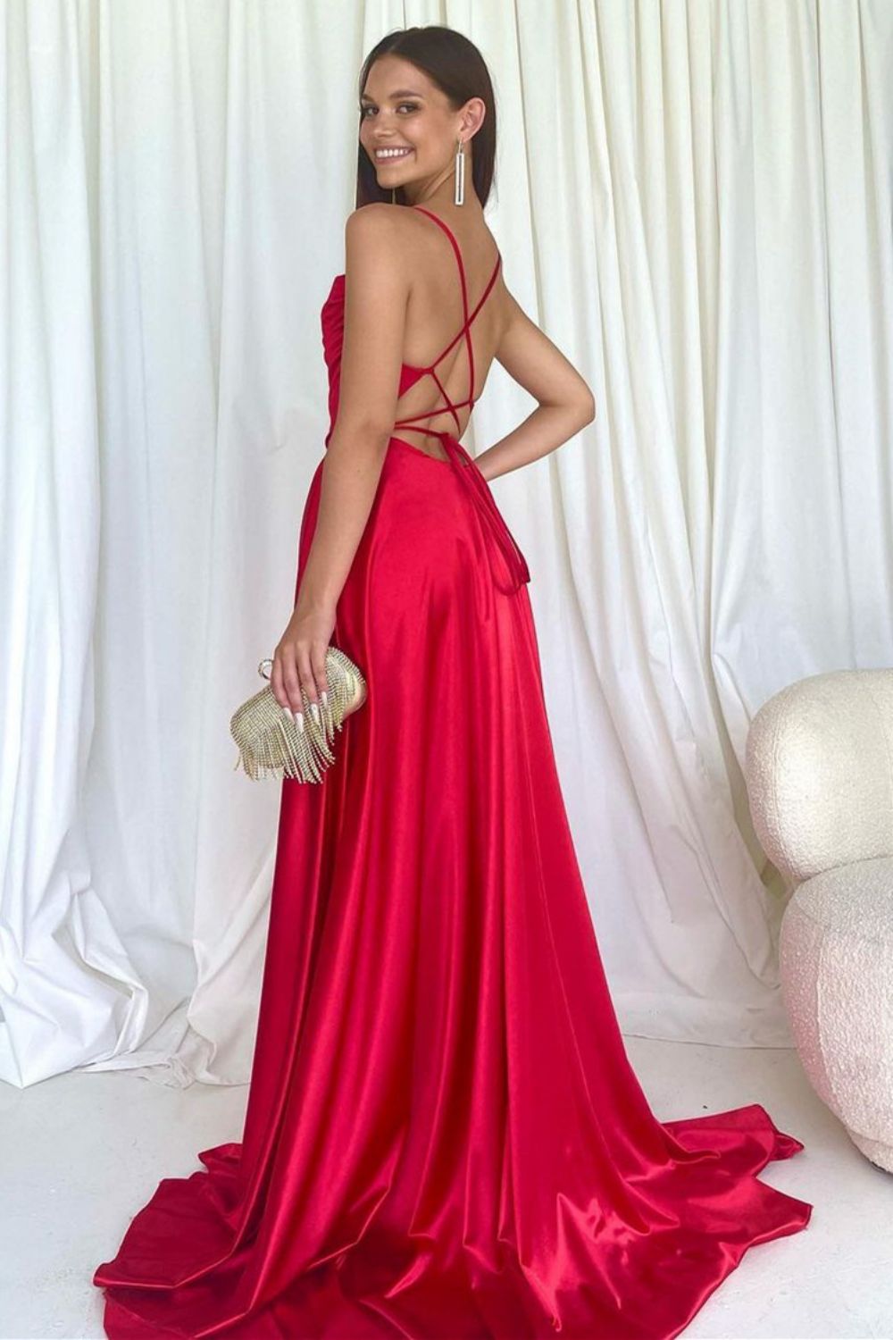 Weitese Simple A Line Spaghetti Straps Red Long Prom Dress with Criss Cross Back