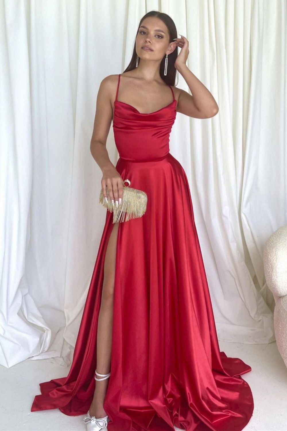 Weitese Simple A Line Spaghetti Straps Red Long Prom Dress with Criss Cross Back