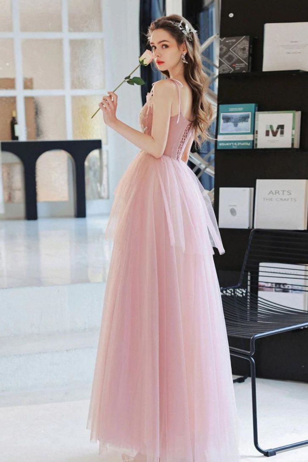 Weitese Elegant A Line Spaghetti Straps Pink Long Prom Dress with Appliques