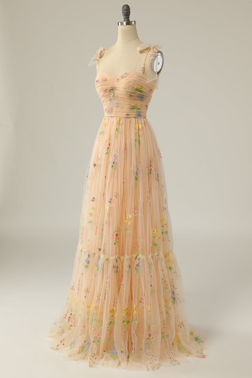 Weitese Elegant A Line Spaghetti Straps Champagne Long Prom Dress with Embroidery