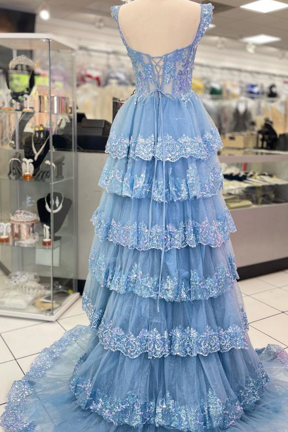 Weitese Princess A Line Sweetheart Blue Corset Prom Dress with Lace Ruffles