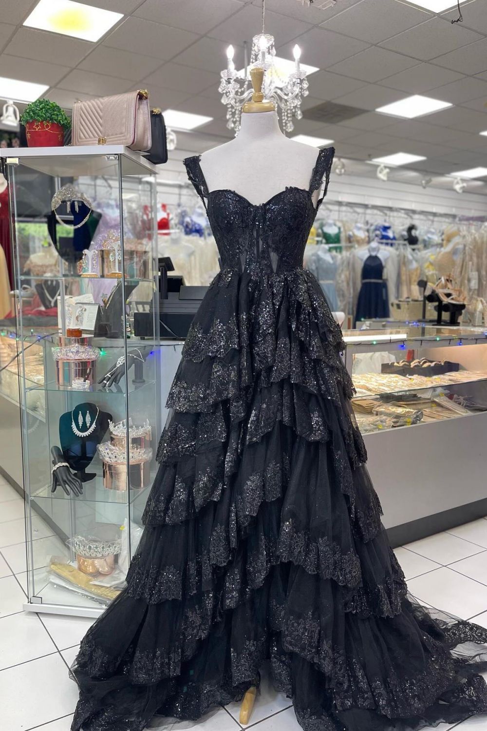 Vestido de fiesta Weitese de princesa, corte en A, escote corazón, corsé azul con volantes de encaje