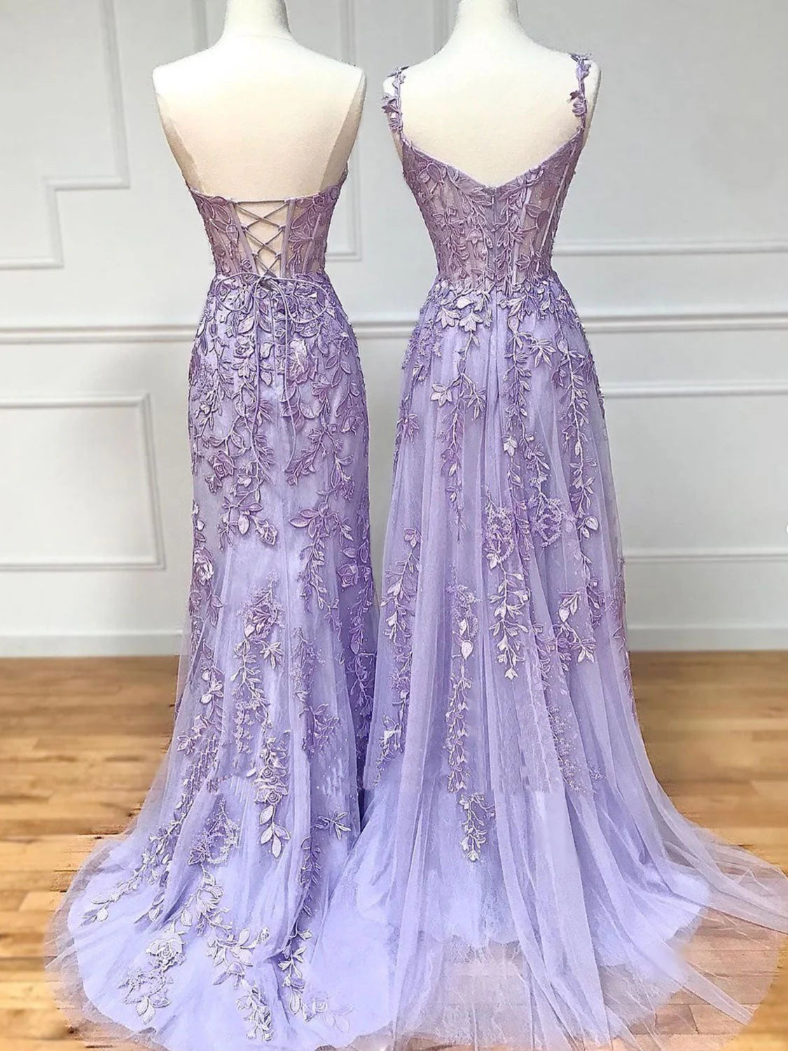 Purple Lace Long Graduation Party Dresses
