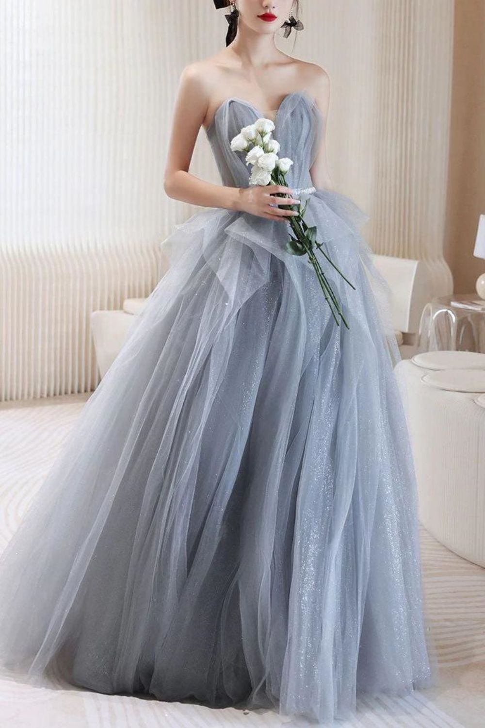Weitese Elegant A Line Off the Shoulder Grey Long Prom Dress with Beading