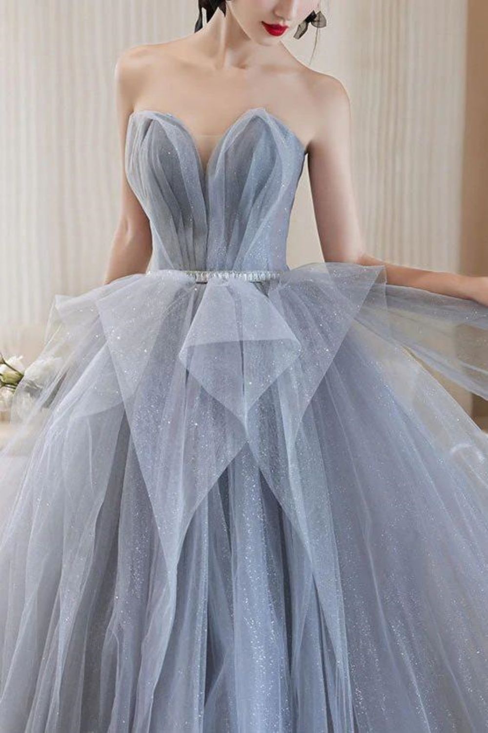 Weitese Elegant A Line Off the Shoulder Grey Long Prom Dress with Beading