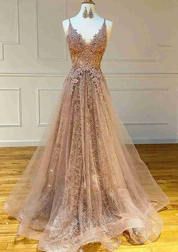V Neck Sweep Train Lace Tulle Yarn Prom Dress With Glitter