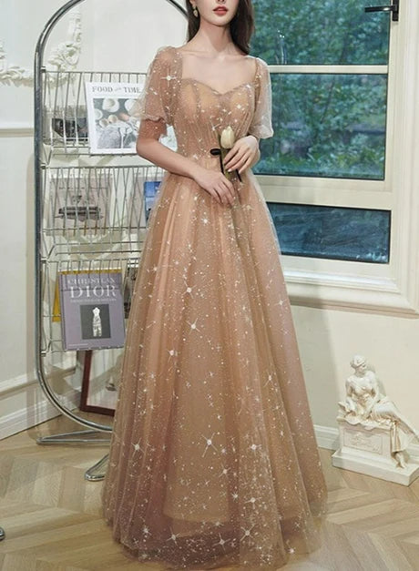 Champagne Star Sequin Puff Sleeve A Line Tulle Prom Dress
