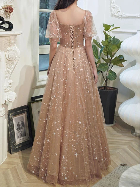 Champagne Star Sequin Puff Sleeve A Line Tulle Prom Dress