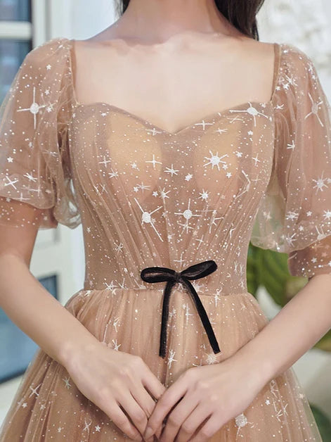 Champagne Star Sequin Puff Sleeve A Line Tulle Prom Dress