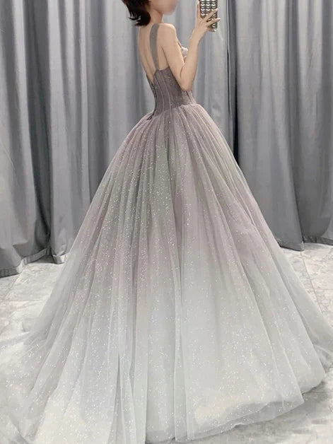 Grey Ombre Spaghetti Strap Corset Glitter Tulle Ball Gown