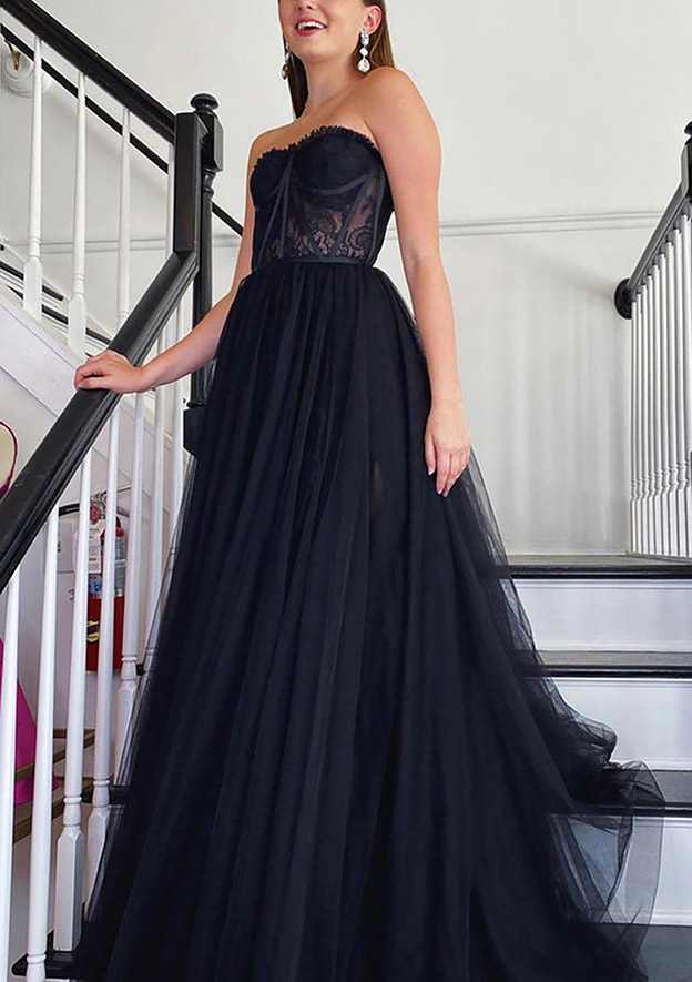 Sweetheart Strapless Long/Floor-Length Tulle Prom Dress With Appliqued