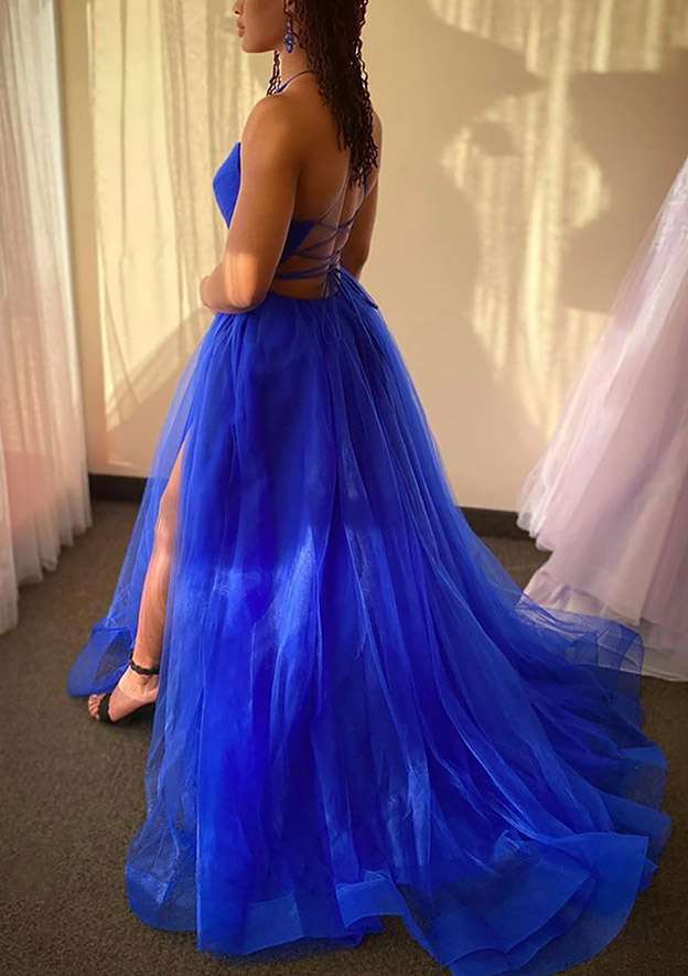 V Neck Spaghetti Straps Sweep Train Tulle Prom Dress With Split