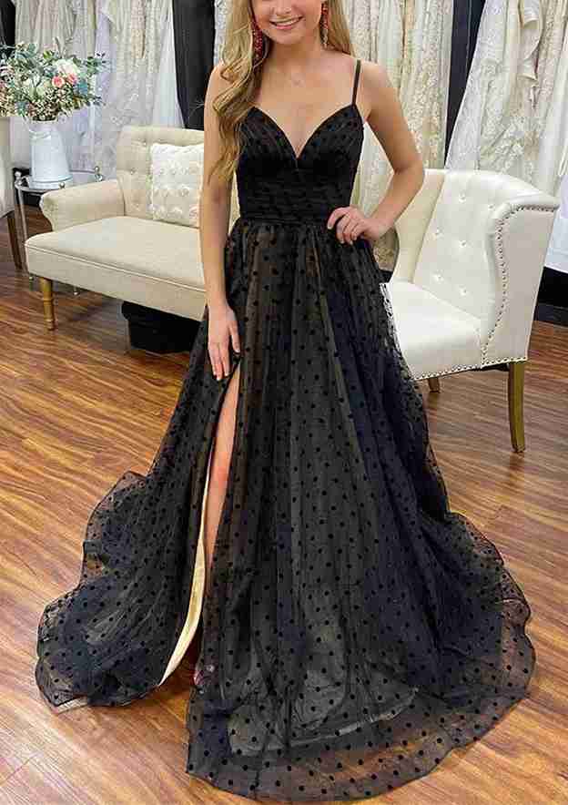 V Neck Spaghetti Straps Sweep Train Tulle Prom Dresses With Pleated Split