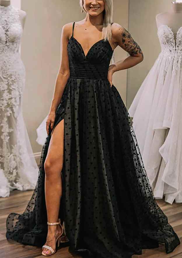 V Neck Spaghetti Straps Sweep Train Tulle Prom Dresses With Pleated Split