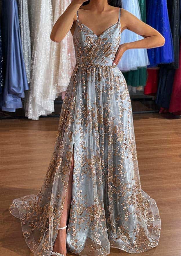 Robe de bal en tulle à col en V, sans manches, traîne courte, avec broderies et paillettes fendues
