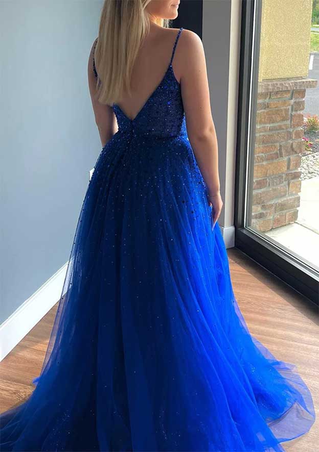 Robe de bal en tulle sans manches à col en V et traîne courte avec perles et paillettes