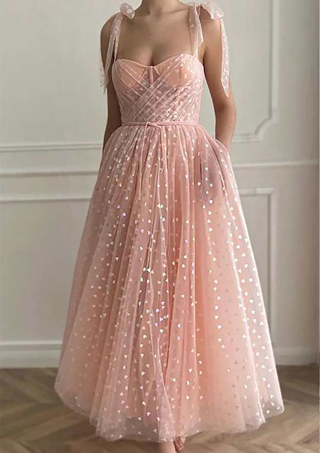Robe de soirée trapèze en tulle, sans manches, longueur cheville, décolleté en cœur