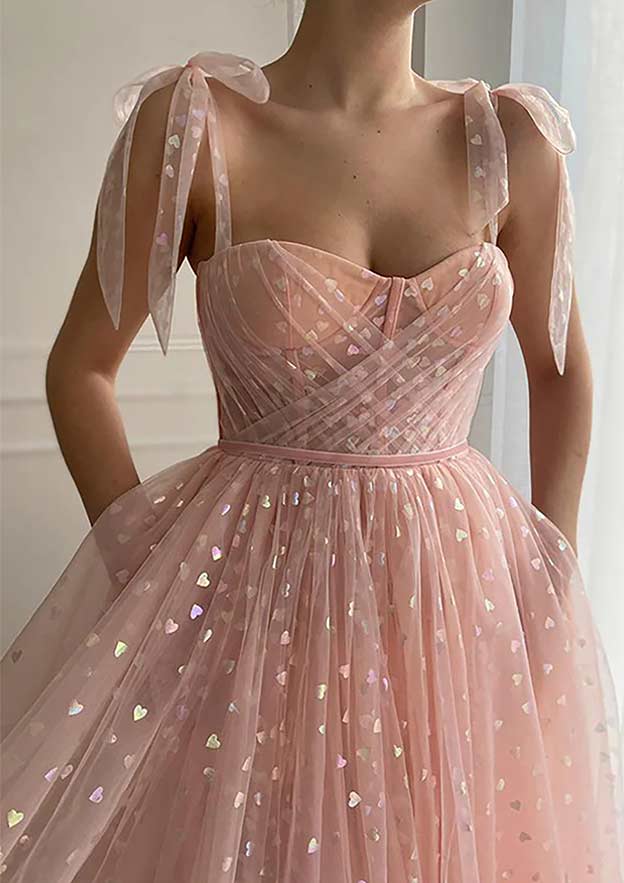 Robe de soirée trapèze en tulle, sans manches, longueur cheville, décolleté en cœur