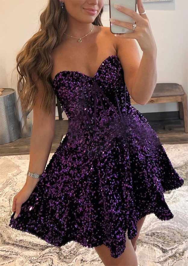 Vestido de fiesta de terciopelo con lentejuelas, corto/mini, sin mangas, corte en A y escote corazón