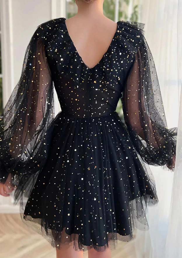 Robe de soirée trapèze en tulle, col en V, manches longues/longues, courte/mini
