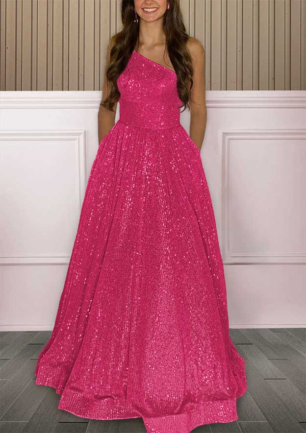 One-Shoulder Sleeveless Sweep Train Sequined Prom Dress with Pockets