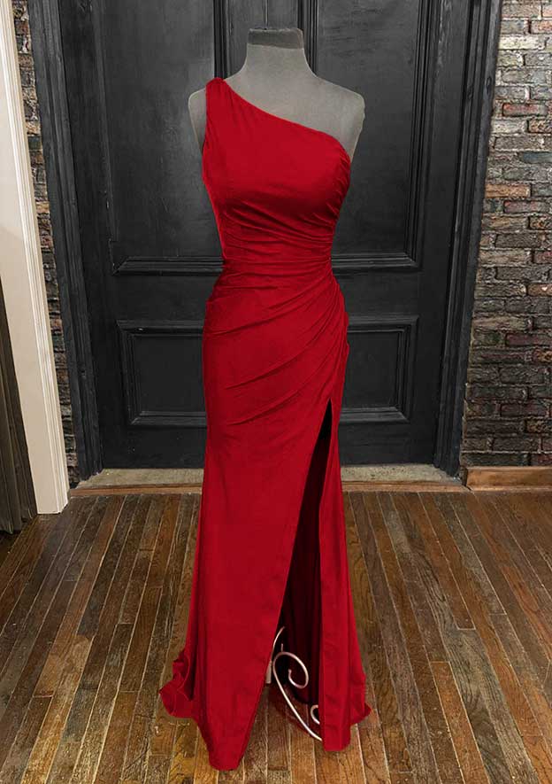 One-Shoulder Sleeveless Jersey Long/Floor-Length Prom Dress With Pleated Split