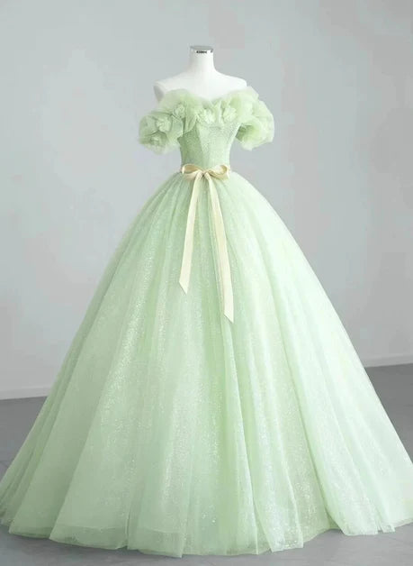 Mint Green Glitter Tulle ball-gown off-the-shoulder floor-length Dress