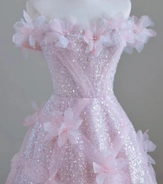 Off-the-Shoulder Floor Length High Feeling Pink Fairy Prom Dress With 3D Flower