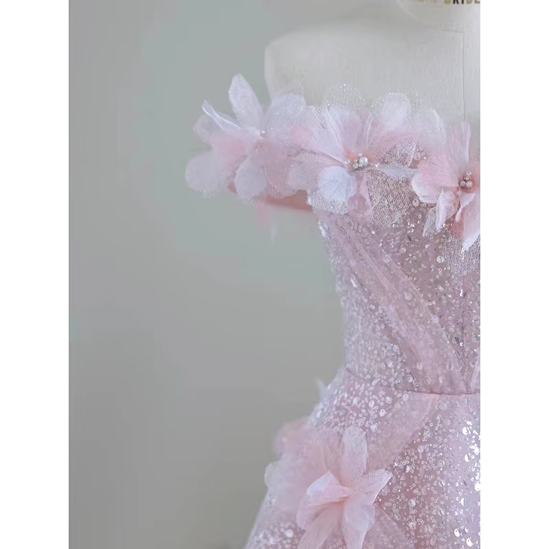 Off-the-Shoulder Floor Length High Feeling Pink Fairy Prom Dress With 3D Flower
