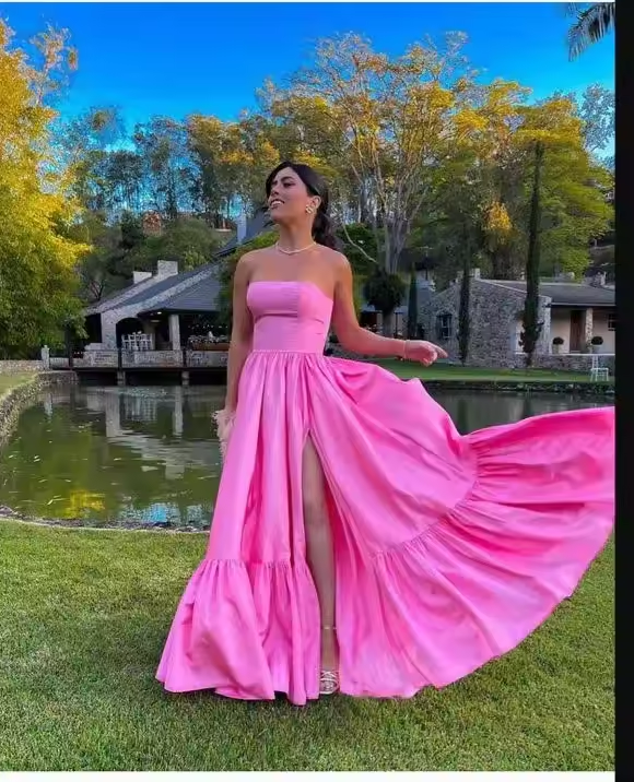 Robe de soirée longue rose sans bretelles pour femme, coupe trapèze, longueur au sol, robe de bal, en magasin 