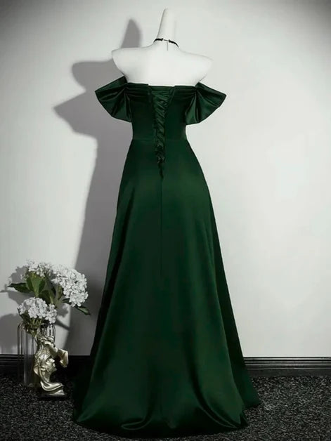 Emerald Green Satin A-Line Off-the-Shoulder Lace-Up Back Floor-Length Dress
