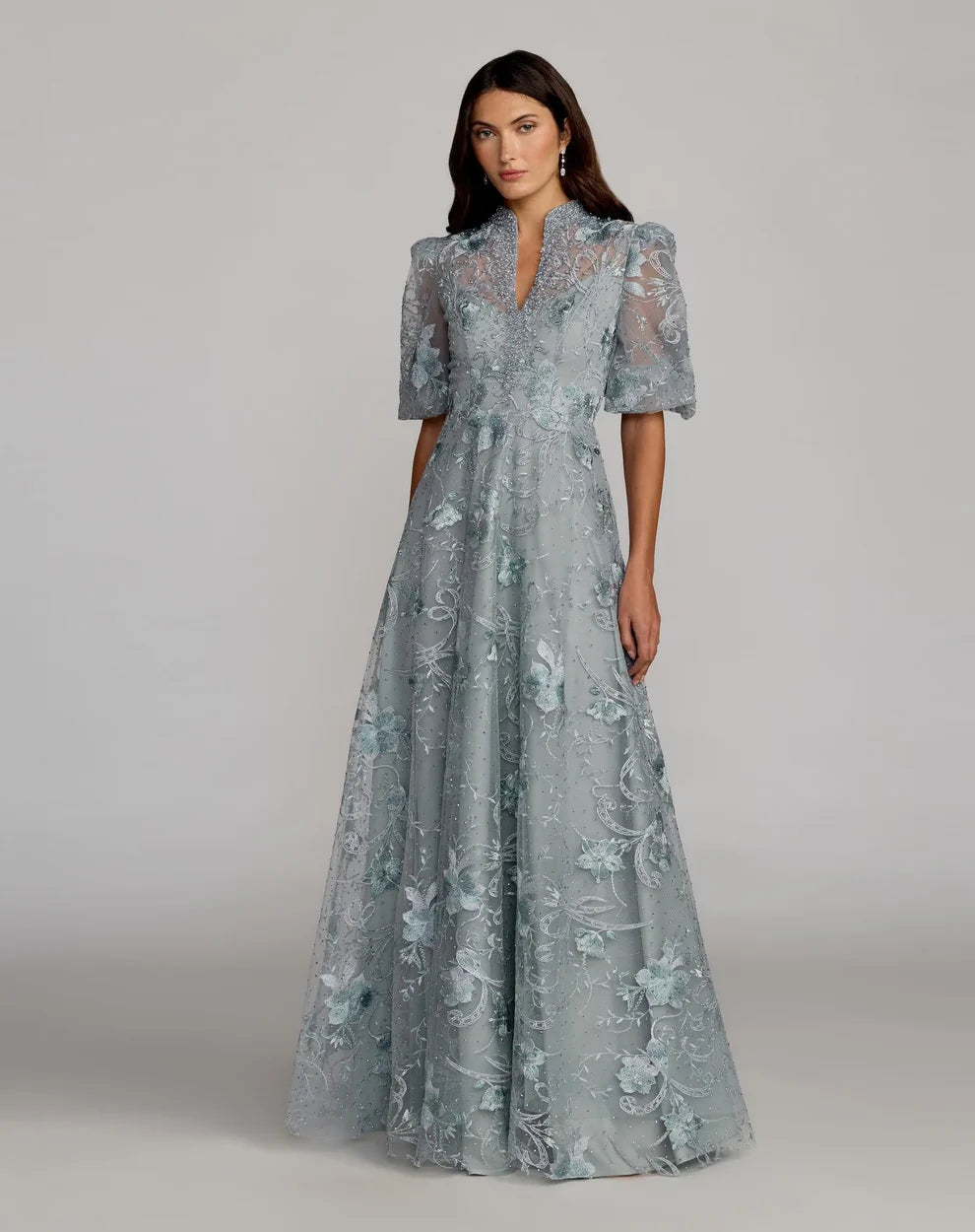 Dusty Blue Mesh with Embroidery A-Line V-Neck High Back Floor-Length Dress