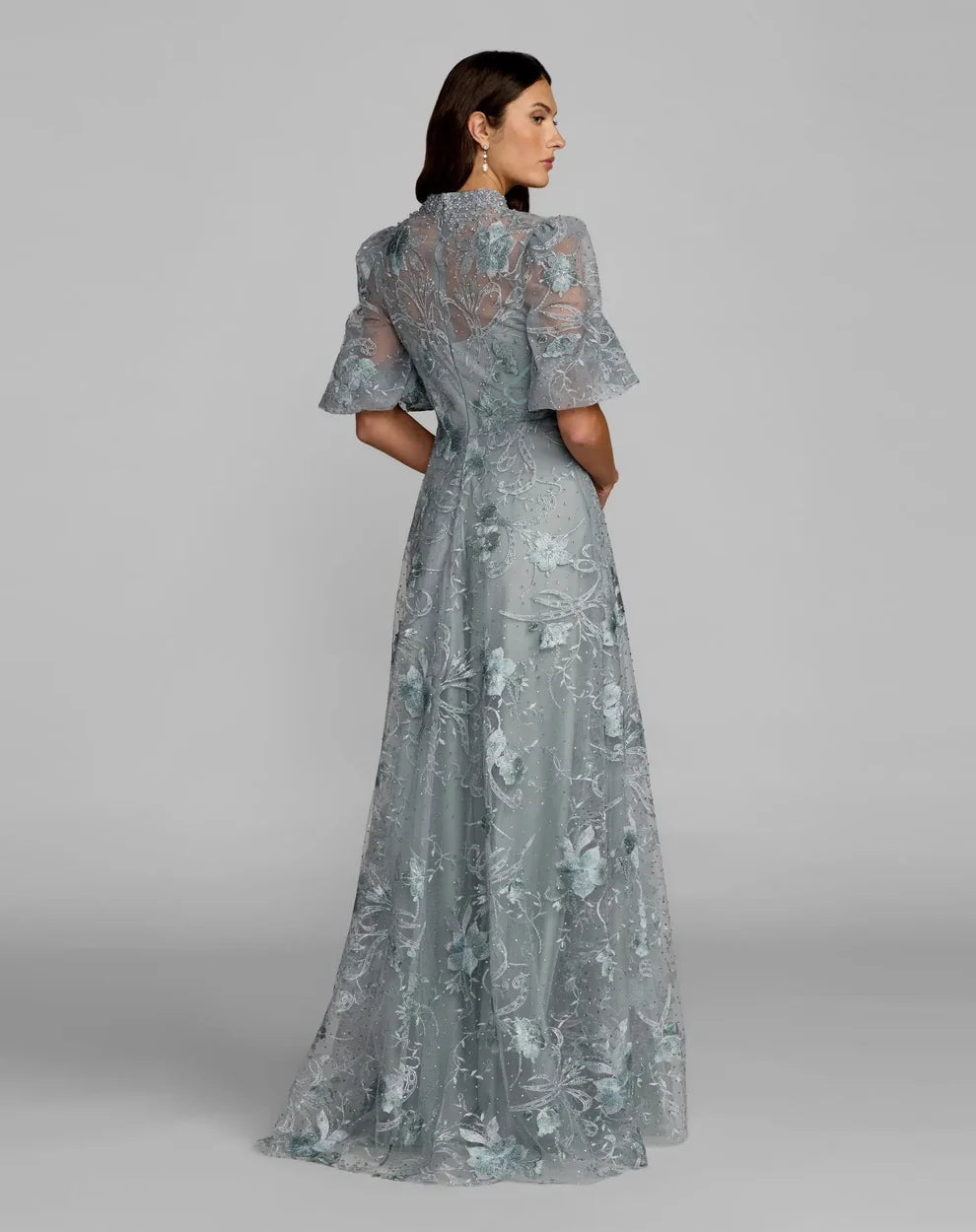 Dusty Blue Mesh with Embroidery A-Line V-Neck High Back Floor-Length Dress