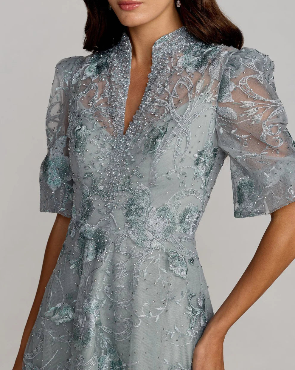 Dusty Blue Mesh with Embroidery A-Line V-Neck High Back Floor-Length Dress