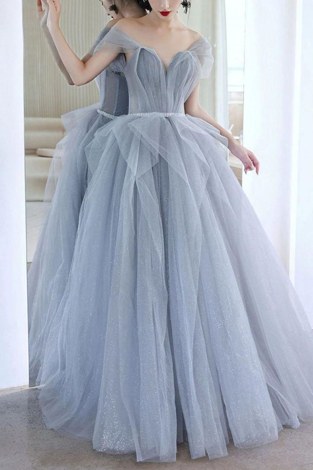 Weitese Elegant A Line Off the Shoulder Grey Long Prom Dress with Beading