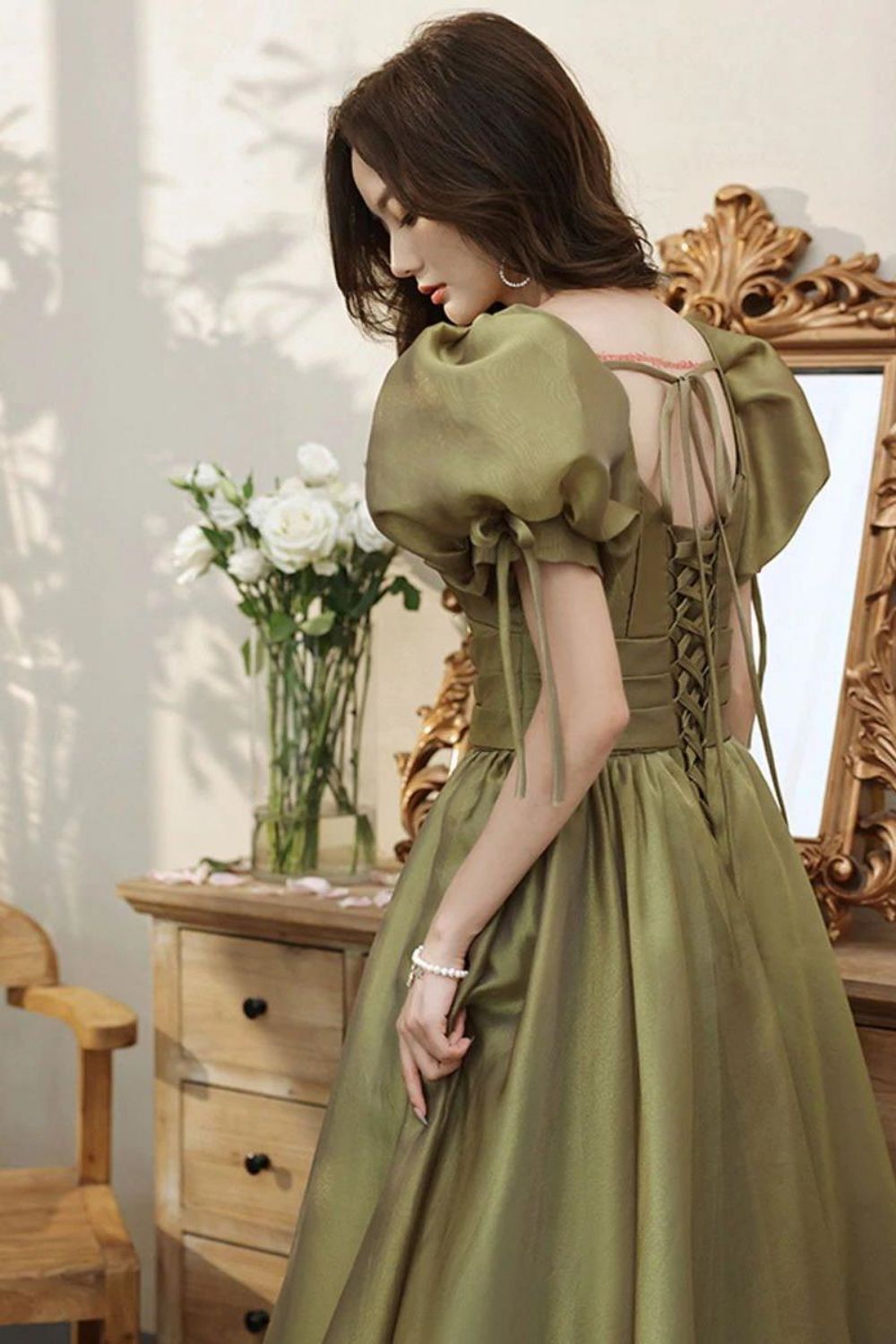 Weitese Princess A Line V Neck Long Formal Dress with Short Sleeves