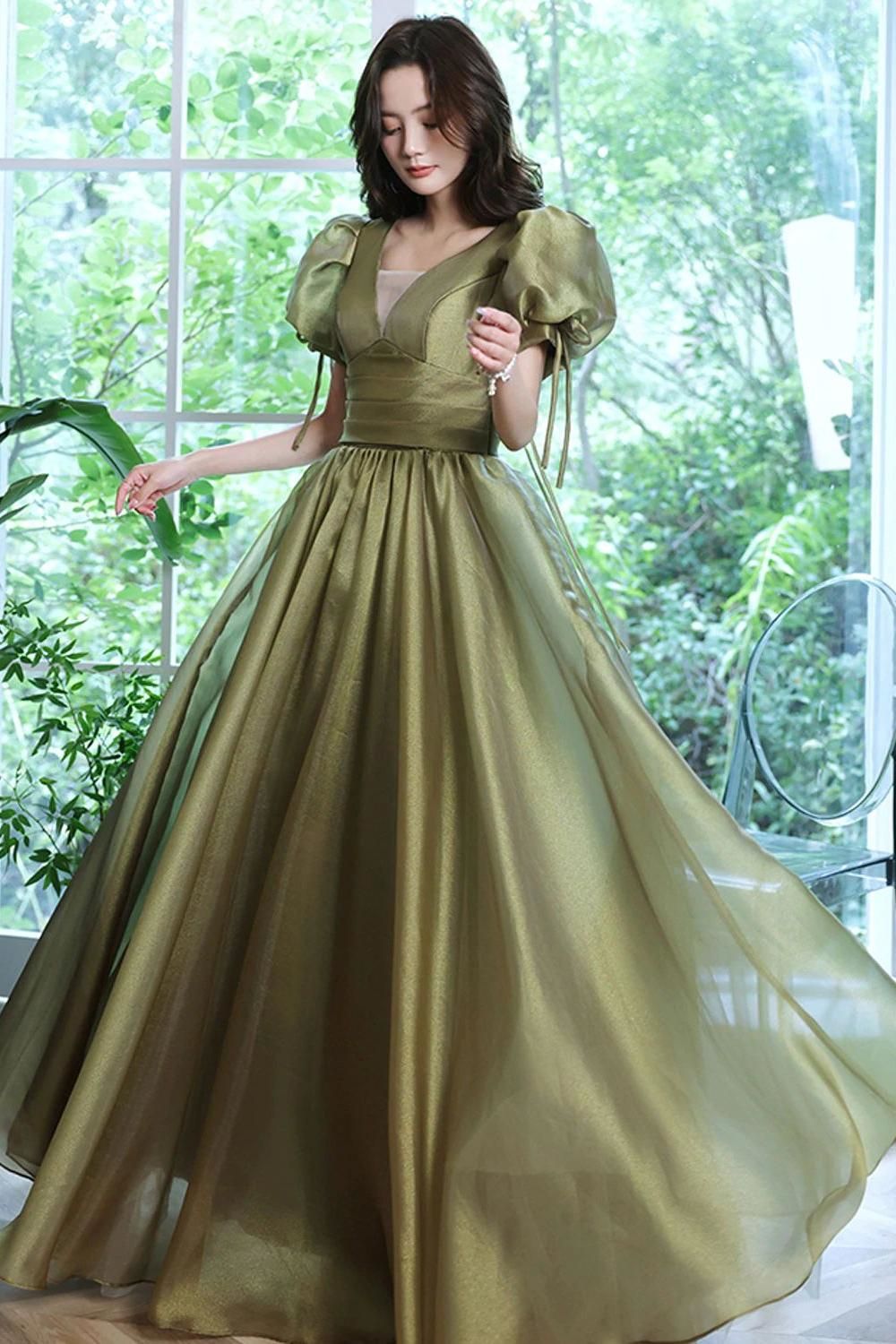 Weitese Princess A Line V Neck Long Formal Dress with Short Sleeves