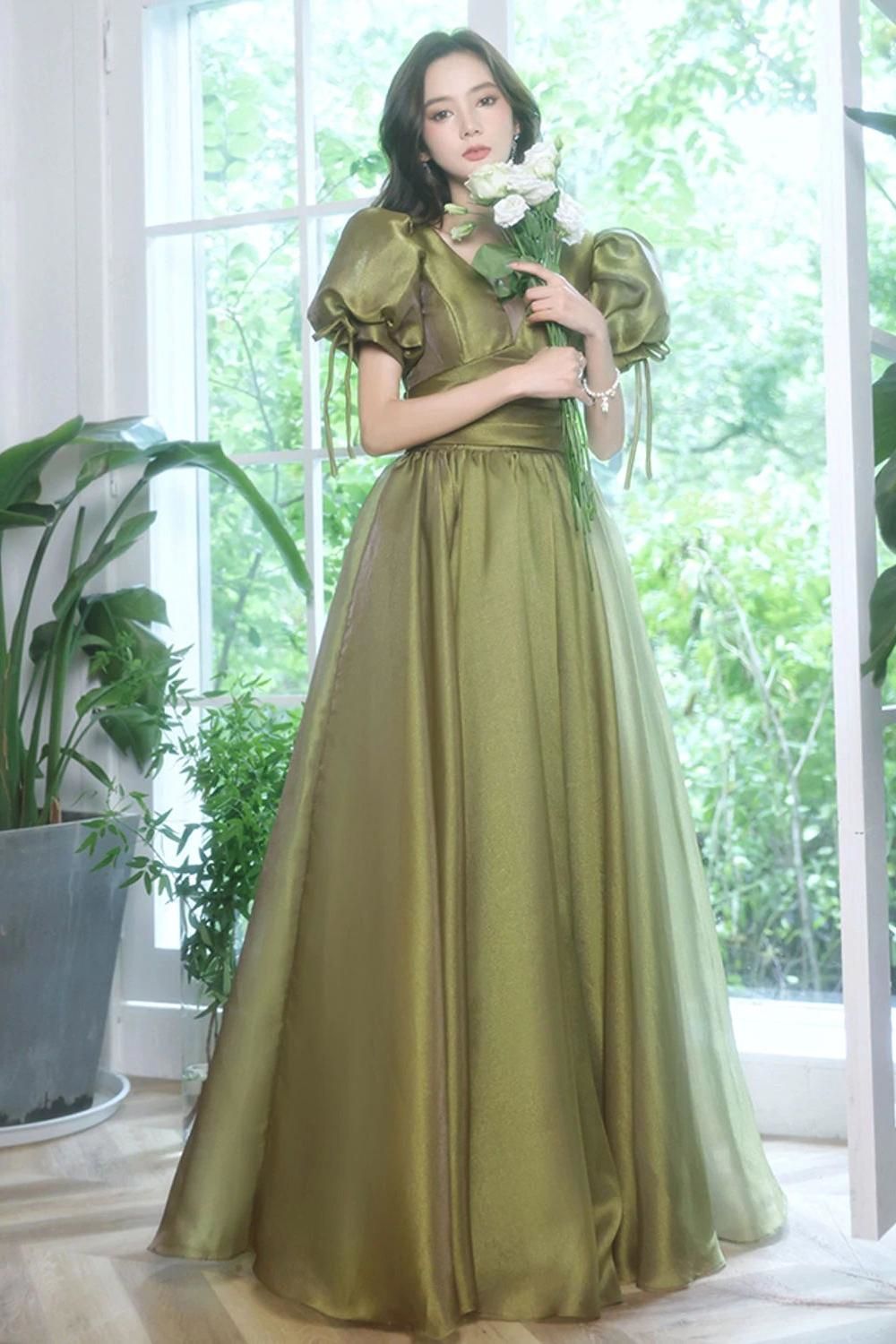 Weitese Princess A Line V Neck Long Formal Dress with Short Sleeves