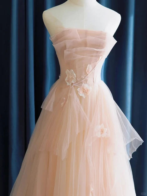 Blushing Pink Tulle A-Line Straight Across Zipper Back Floor-Length Dress