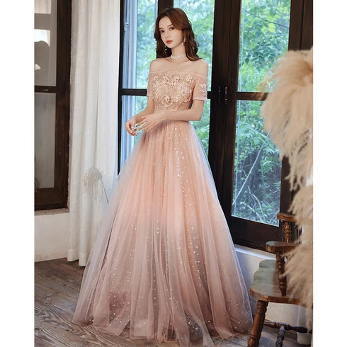 Blush Off Shoulder Lace Appliqué Sparkly Tulle Prom Dress