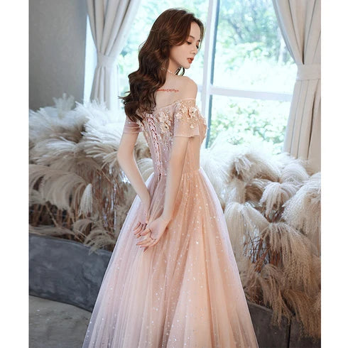 Blush Off Shoulder Lace Appliqué Sparkly Tulle Prom Dress