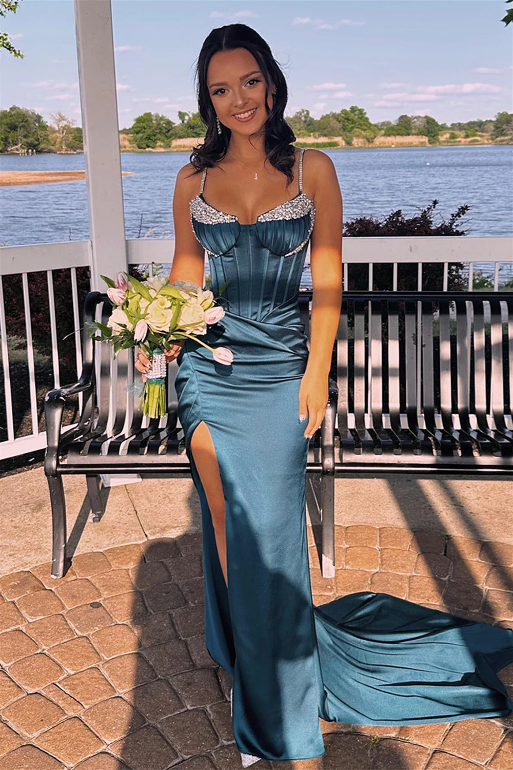 Weitese Styish Mermaid Spaghetti Straps Corset Green Prom Dress with Beading