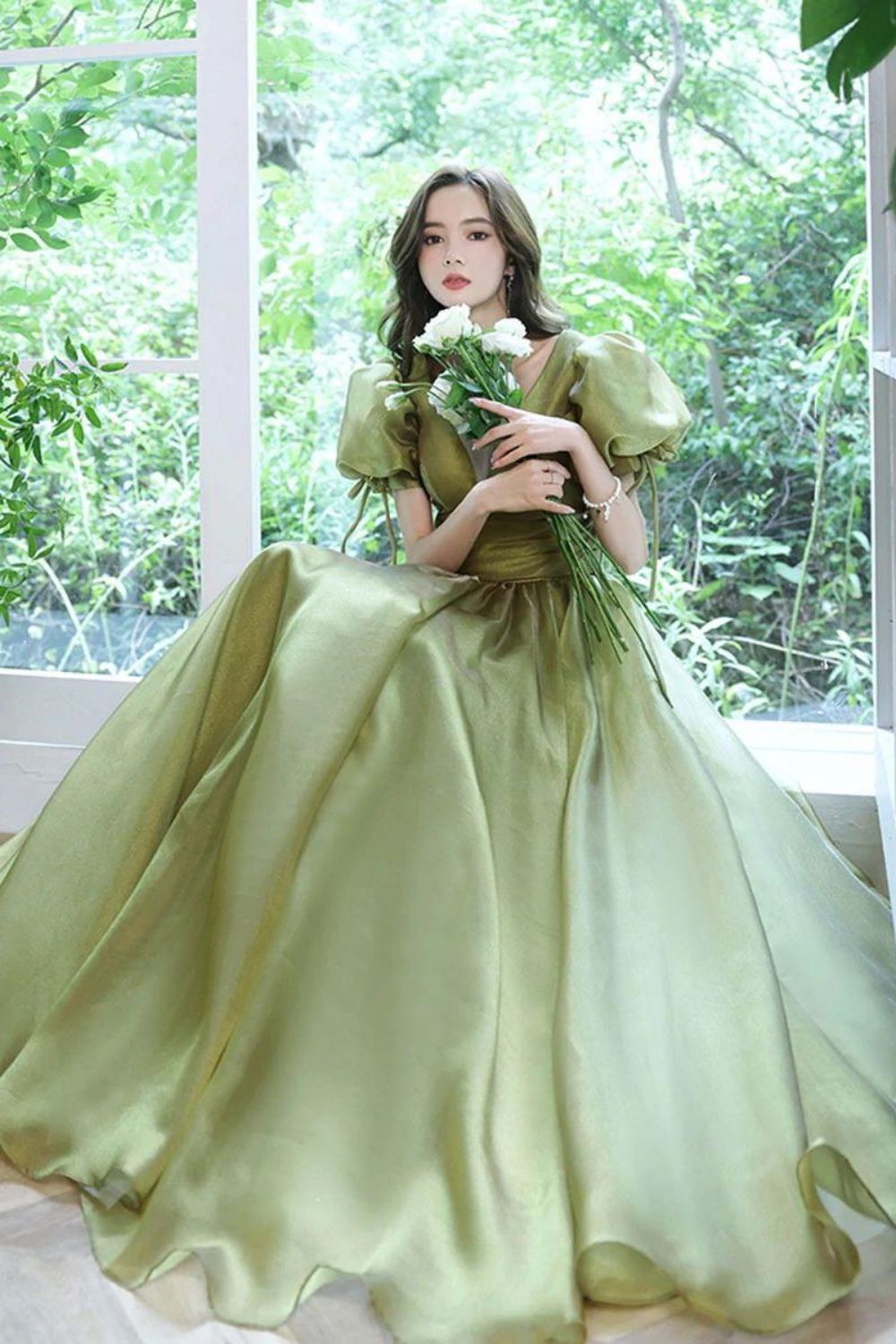 Weitese Princess A Line V Neck Long Formal Dress with Short Sleeves