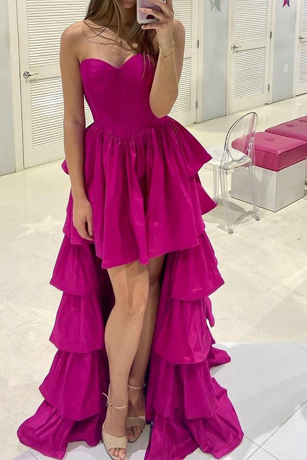 Weitese Stylish High Low Sweetheart Fuchsia Prom Dress with Ruffles
