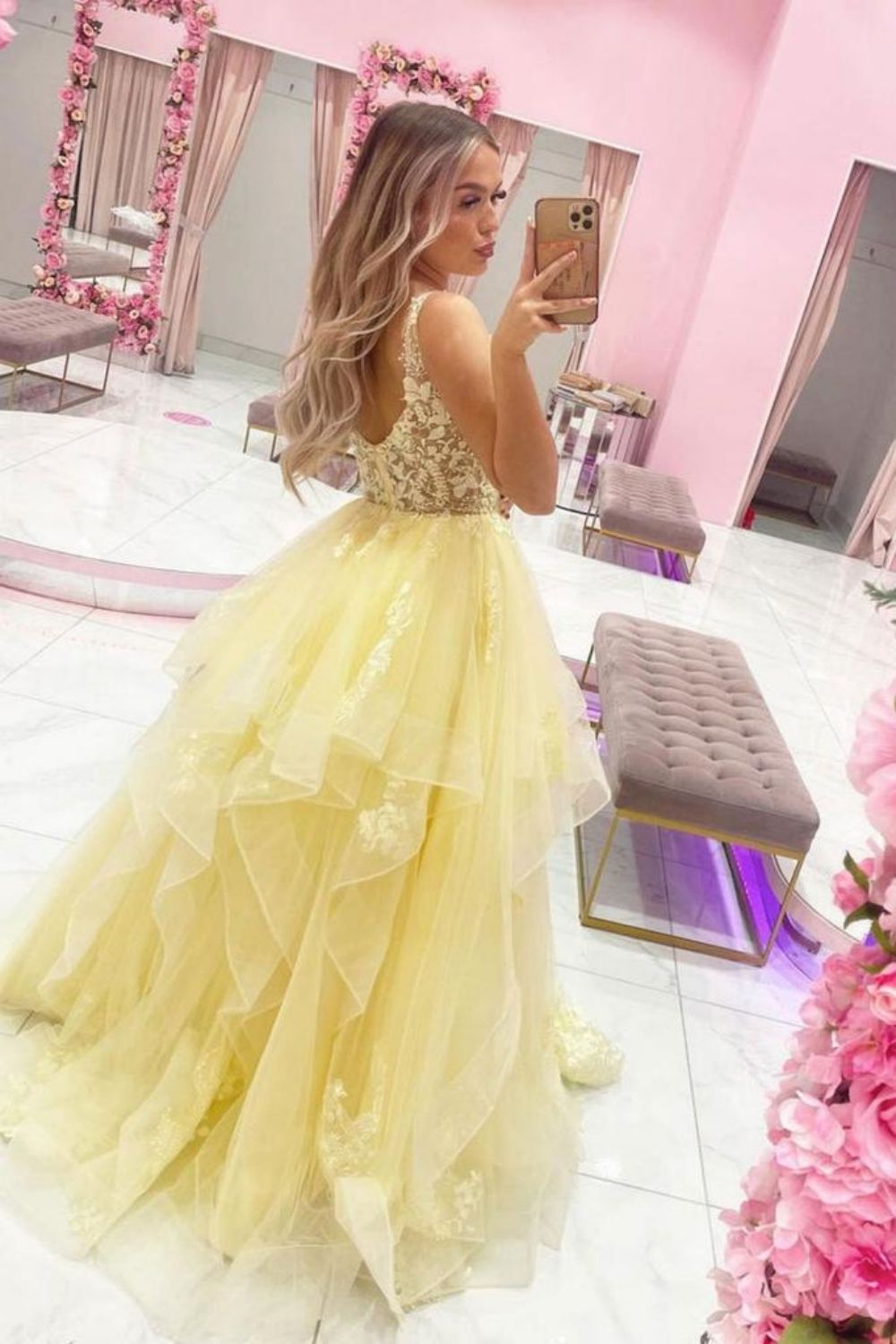 Weitese Princess A Line Yellow Long Prom Dress with Appliques