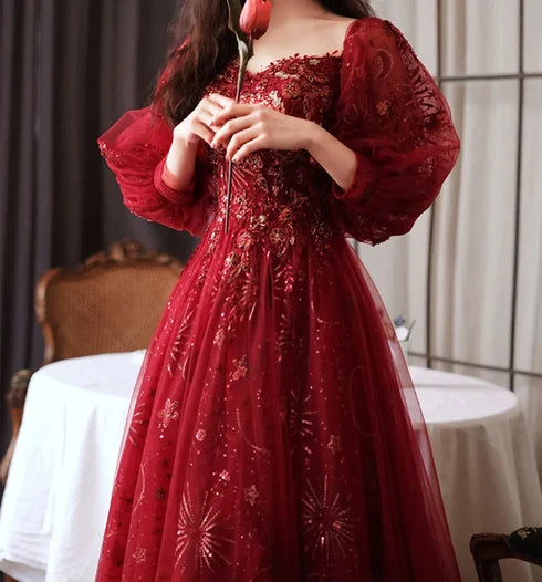 Dreamy A-line Square Puff Sleeve Lace Up Back Long Prom Dress