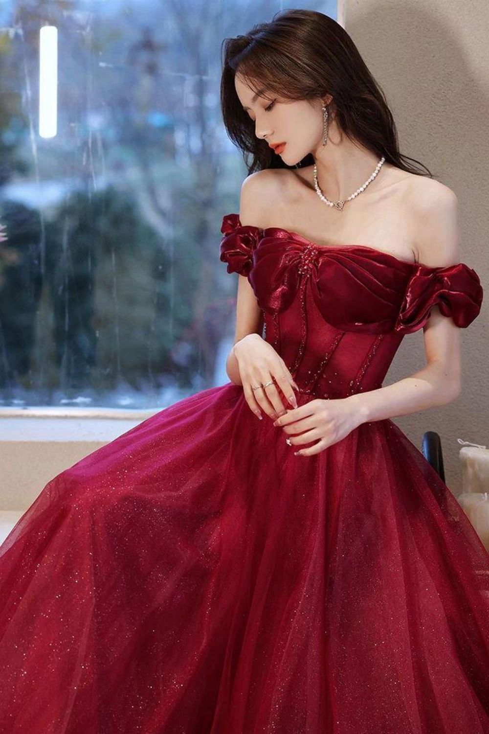 Weitese Beautiful A Line Off the Shoulder Burgundy Long Prom Dress with Appliques