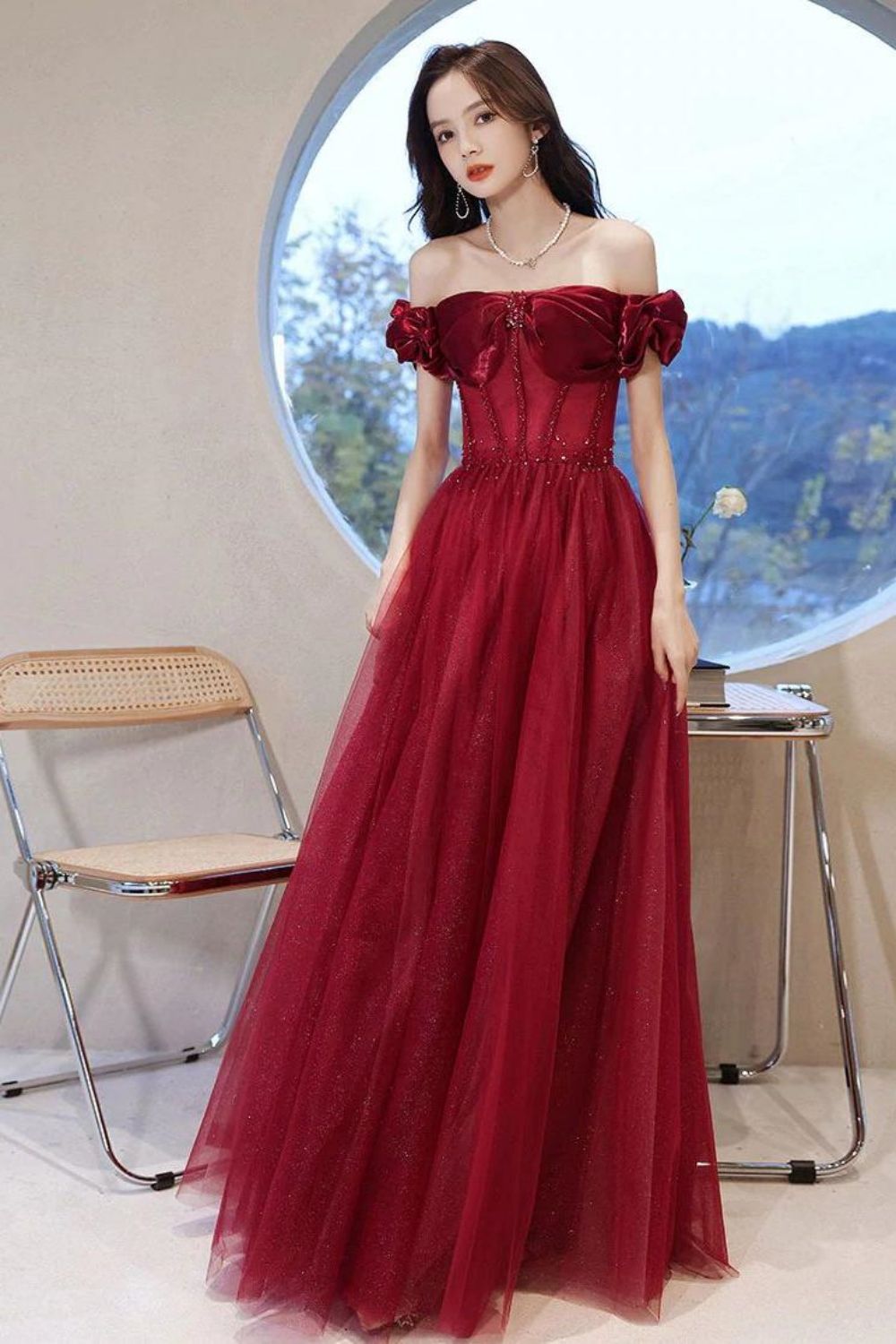 Weitese Beautiful A Line Off the Shoulder Burgundy Long Prom Dress with Appliques
