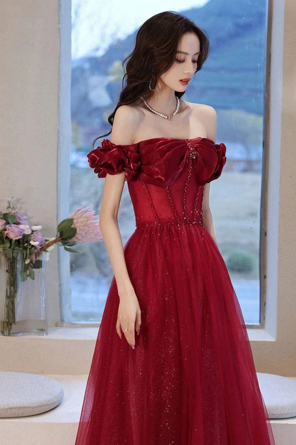 Weitese Beautiful A Line Off the Shoulder Burgundy Long Prom Dress with Appliques