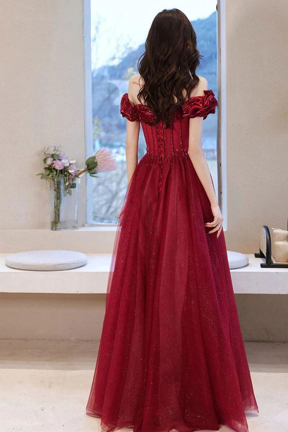 Weitese Beautiful A Line Off the Shoulder Burgundy Long Prom Dress with Appliques